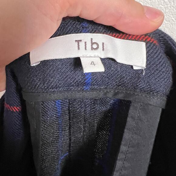 TIBI Navy Blue Plaid Print High Waist Pleated Tapered Leg Trouser Pants Size 4 - Picture 7 of 8